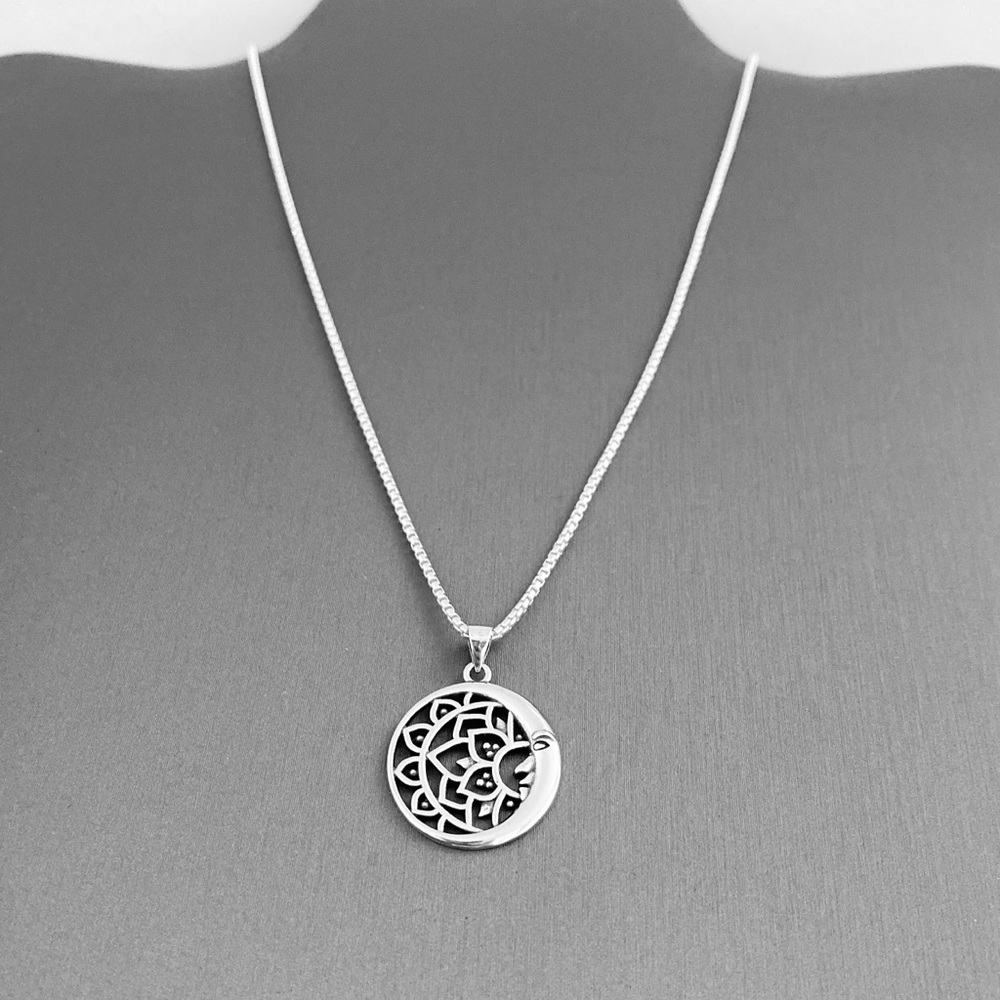 Sterling Silver Mandala And Crescent Moon Necklace View 2